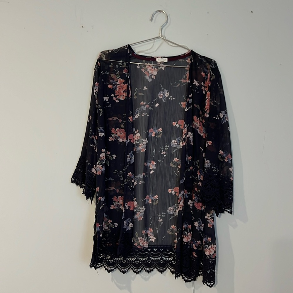 EUC Mason & Belle sheer navy blue top with pink floral